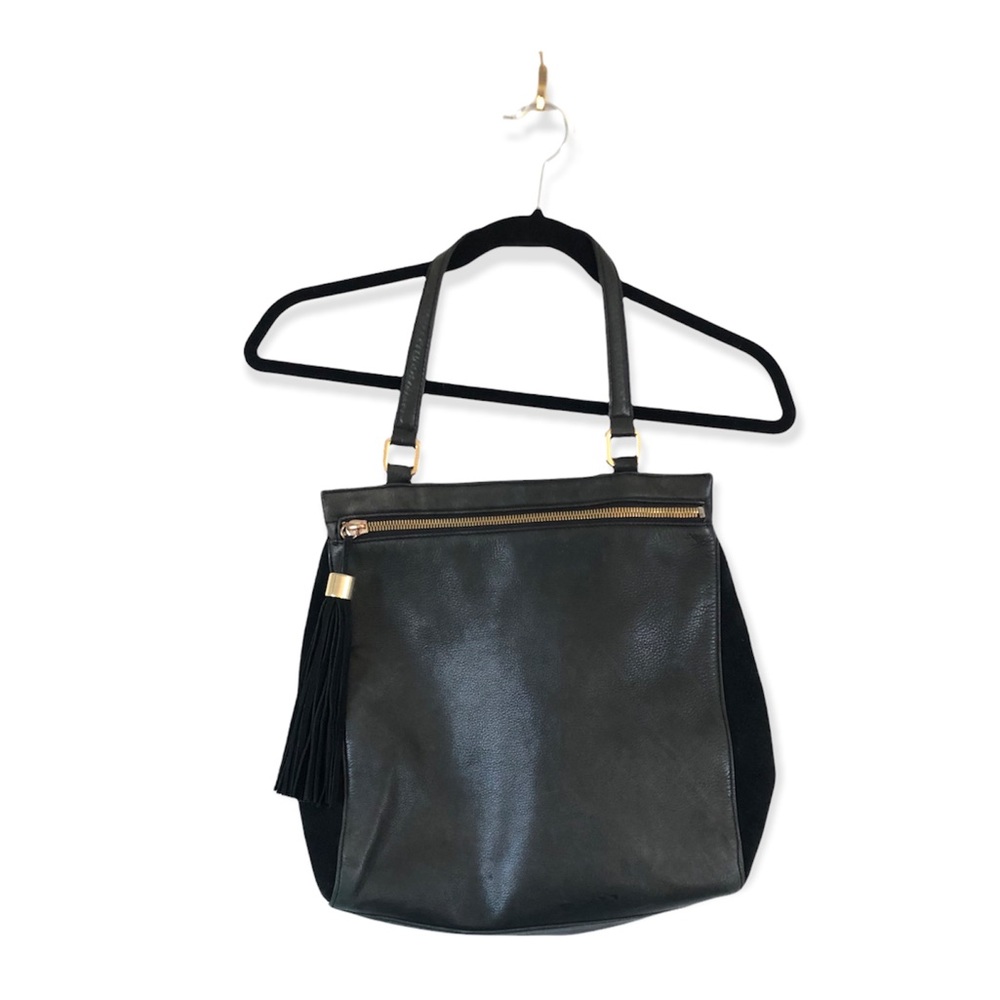 Margot black leather and suede shoulder bag with tassel and gold hardware - Picture 1 of 14